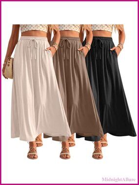 Women's Flowy Maxi Skirt with Pockets, Drawstring Waist Casual Long Skirt